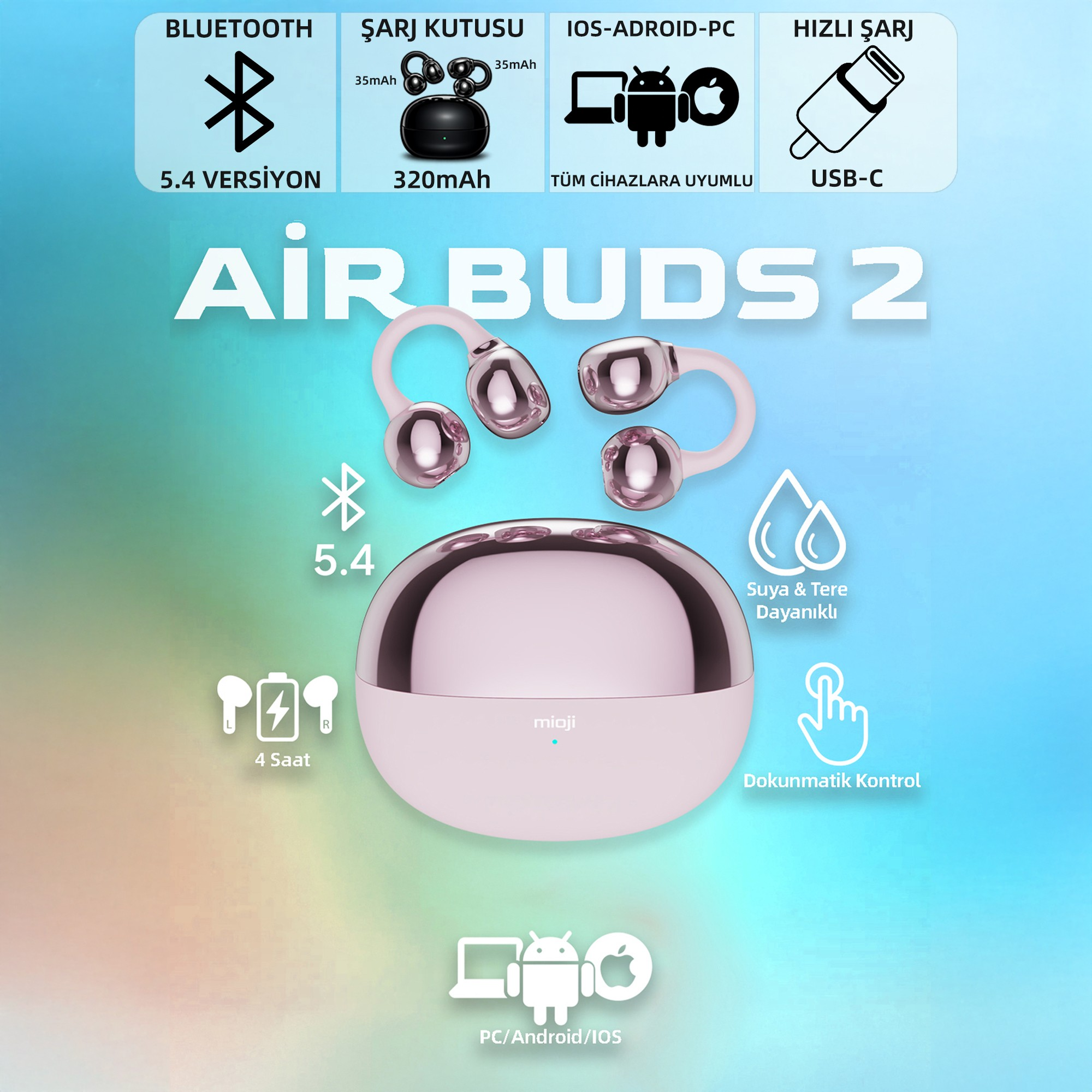 Pembe Air Buds 2 şarj kutulu, Bluetooth 5.4, suya dayanıklı, 4 saat pil.