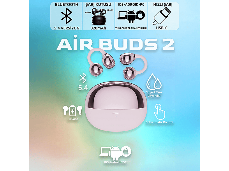 MIOJI Air Buds 2 IOS Android PC Uyumlu Kablosuz Bluetooth Kulaklık Pembe