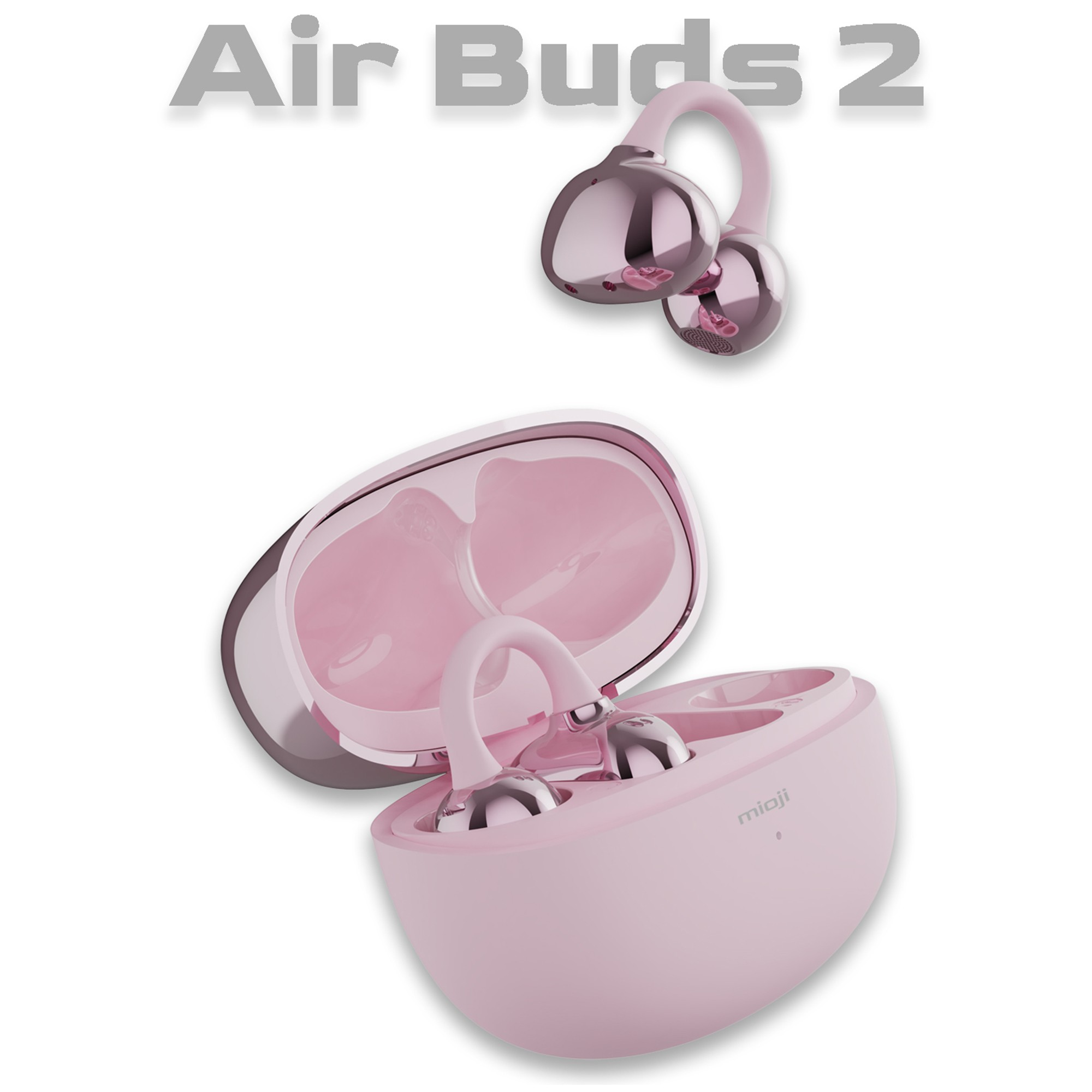 Parlak metal kısımlı pembe kulaklık açık şarj kutusunda duruyor.