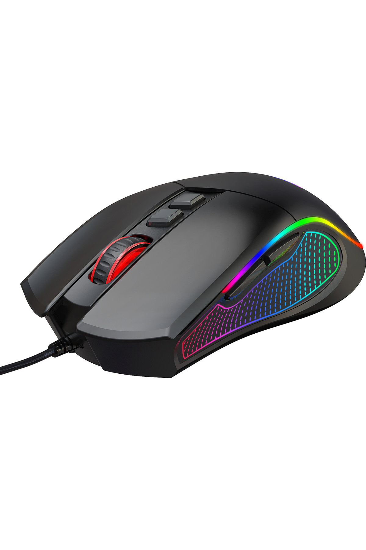 RGB aydınlatmalı, kırmızı tekerlekli siyah oyuncu faresi.