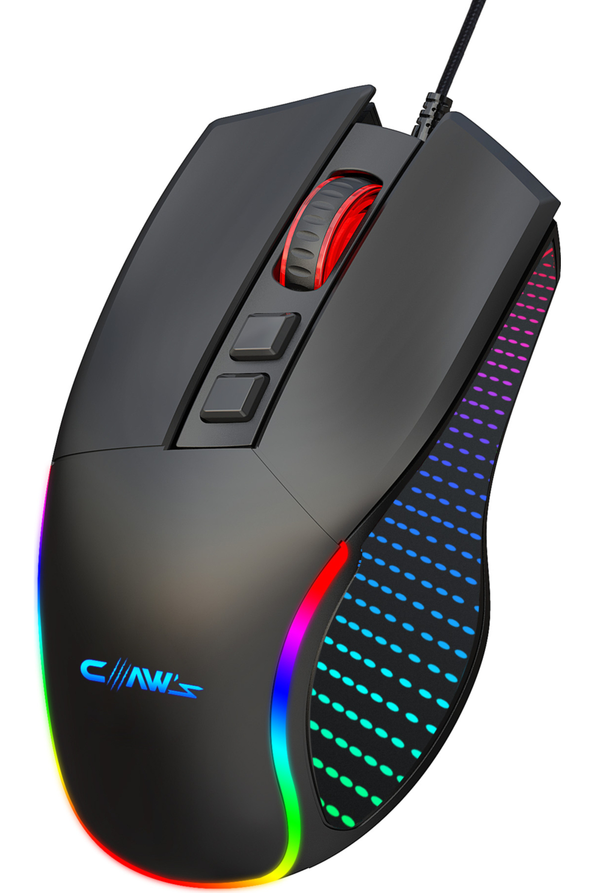 RGB aydınlatmalı ve logolu siyah oyuncu faresi.