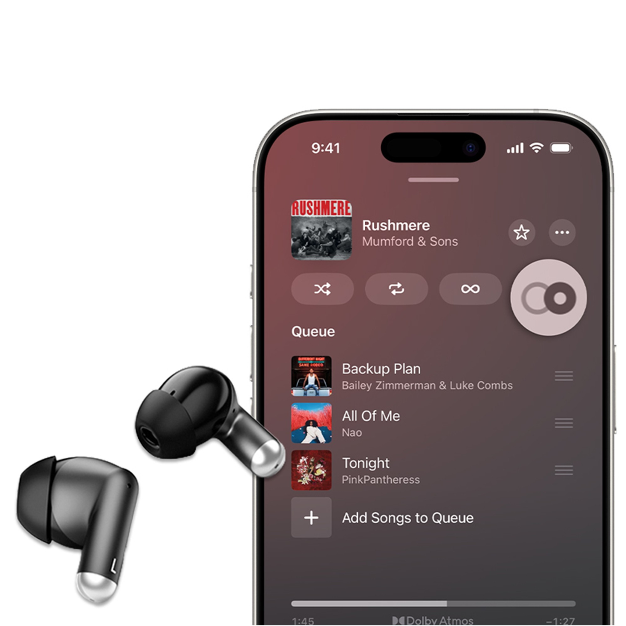 Müzik çalmayı gösteren bir akıllı telefonun yanında siyah kulaklıklar.