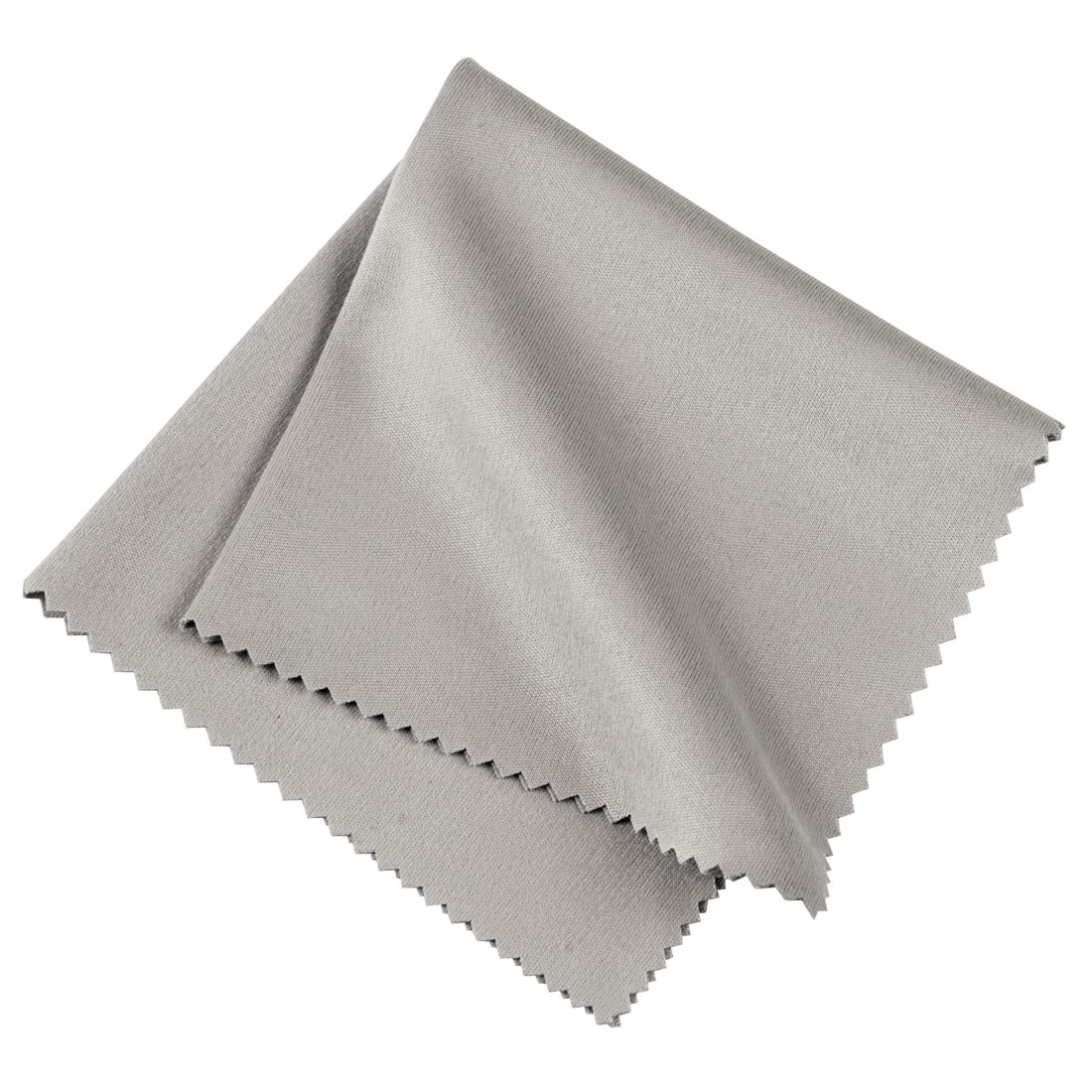 Dwa szare ściereczki z mikrofibry z ząbkowanymi krawędziami.