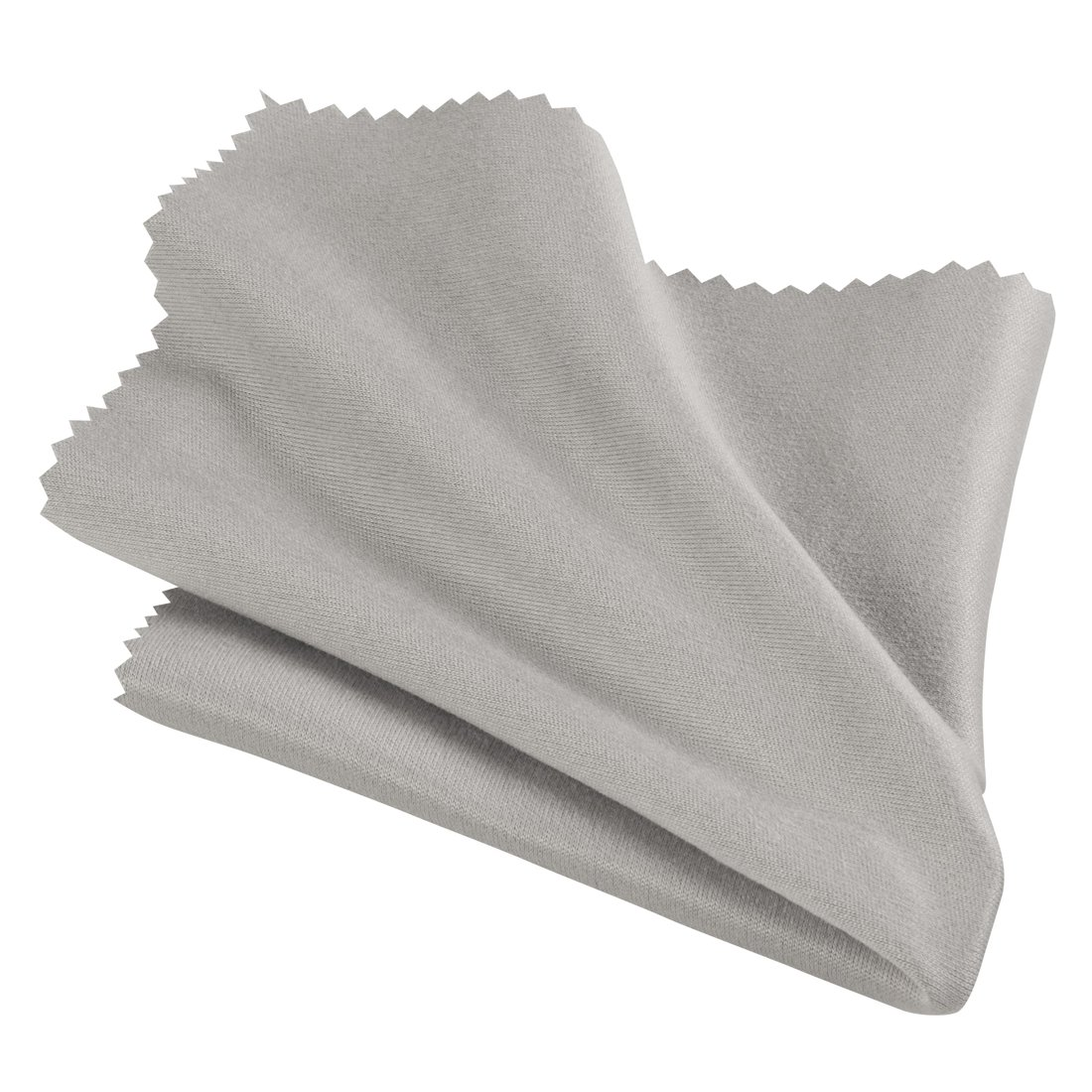 Złożona jasnoszara ściereczka z mikrofibry z ząbkowanymi krawędziami.