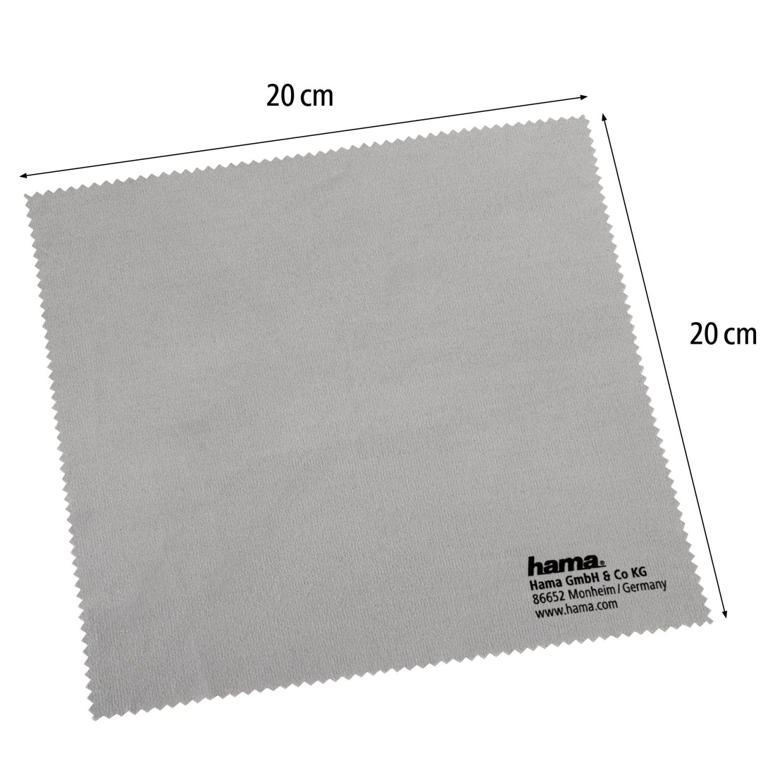 Szara ściereczka z mikrofibry 20x20cm, ząbkowane krawędzie, logo Hama.