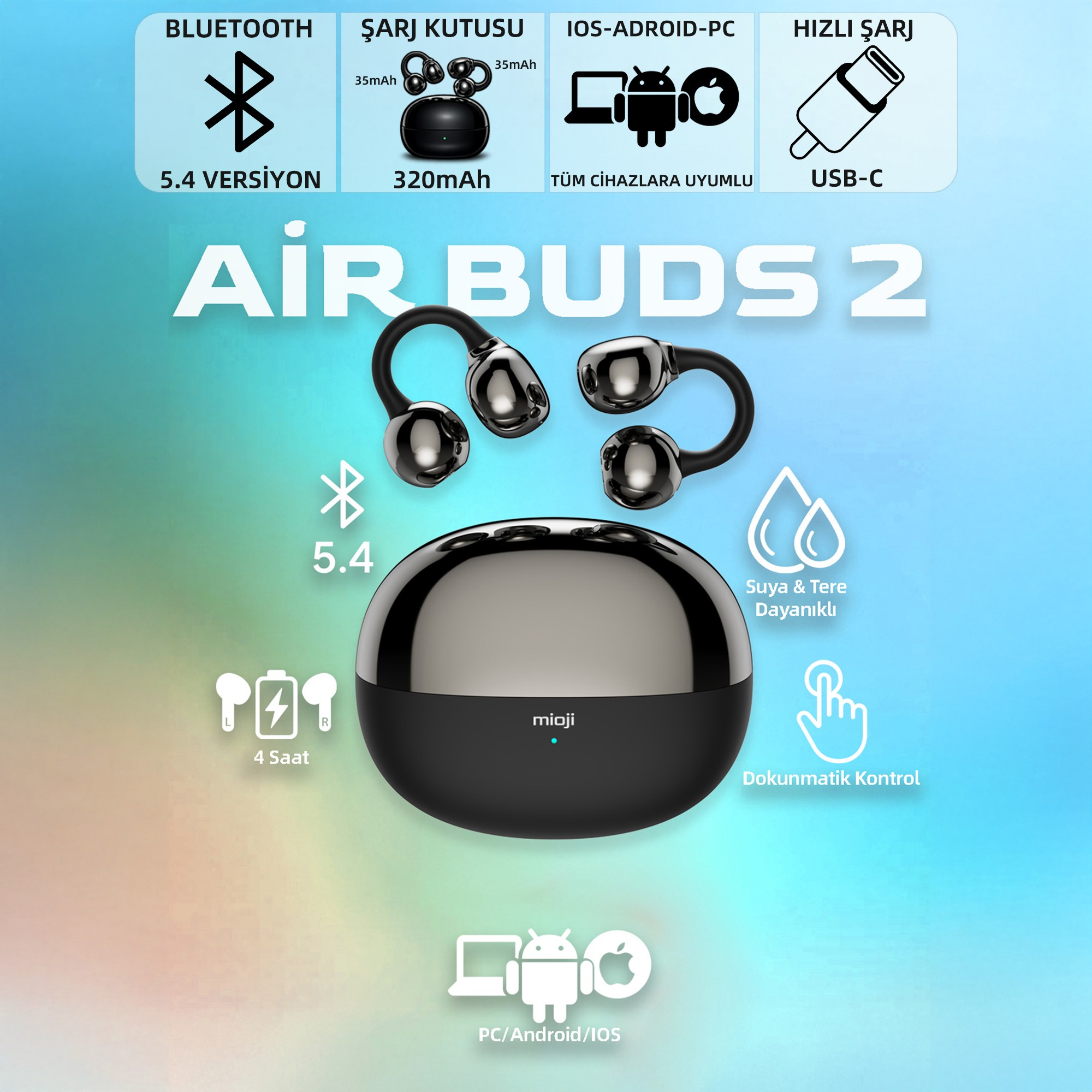 Şarj kutulu kablosuz kulaklık: Bluetooth 5.4, 320mAh pil, suya dayanıklı.