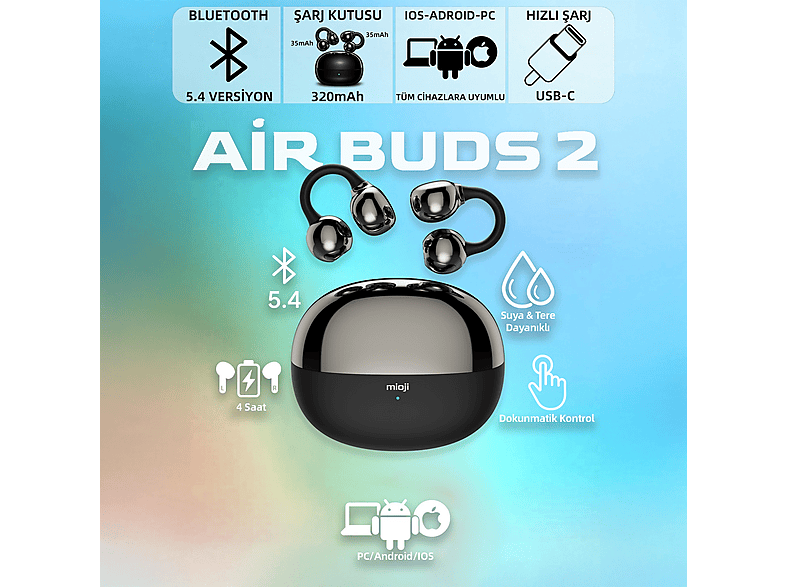 MIOJI Air Buds 2 IOS Android PC Uyumlu Kablosuz Bluetooth Kulaklık Siyah