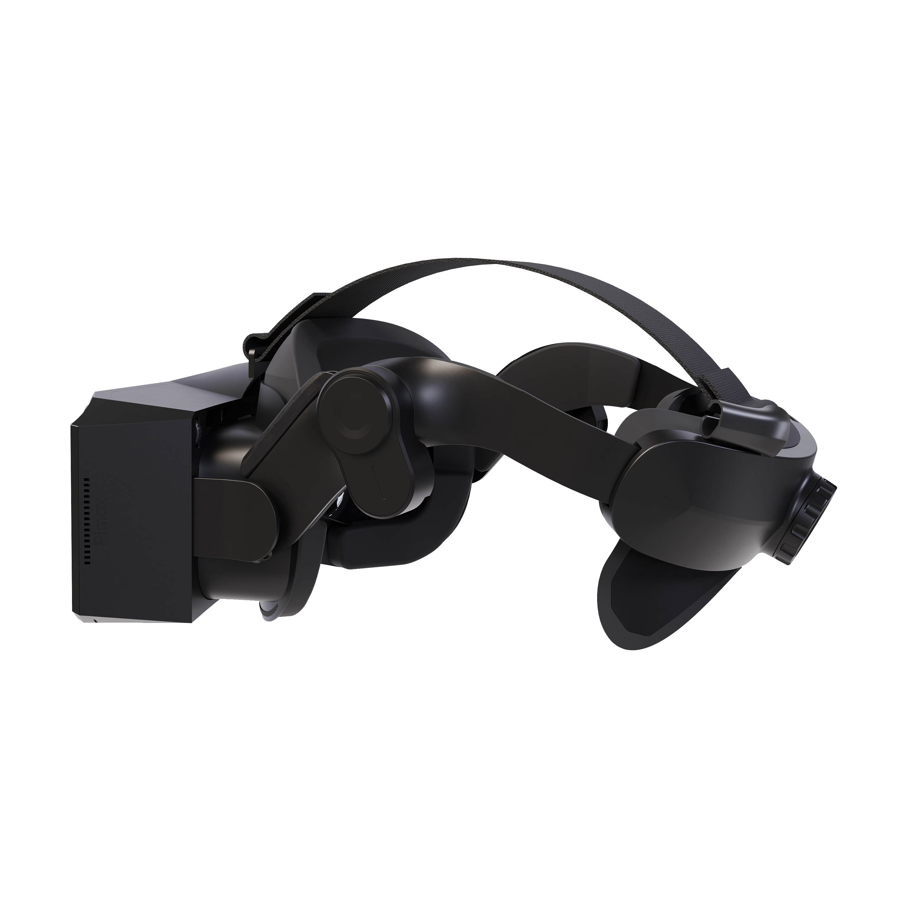 Visor de RV negro con correas ajustables y rejilla de ventilación lateral.