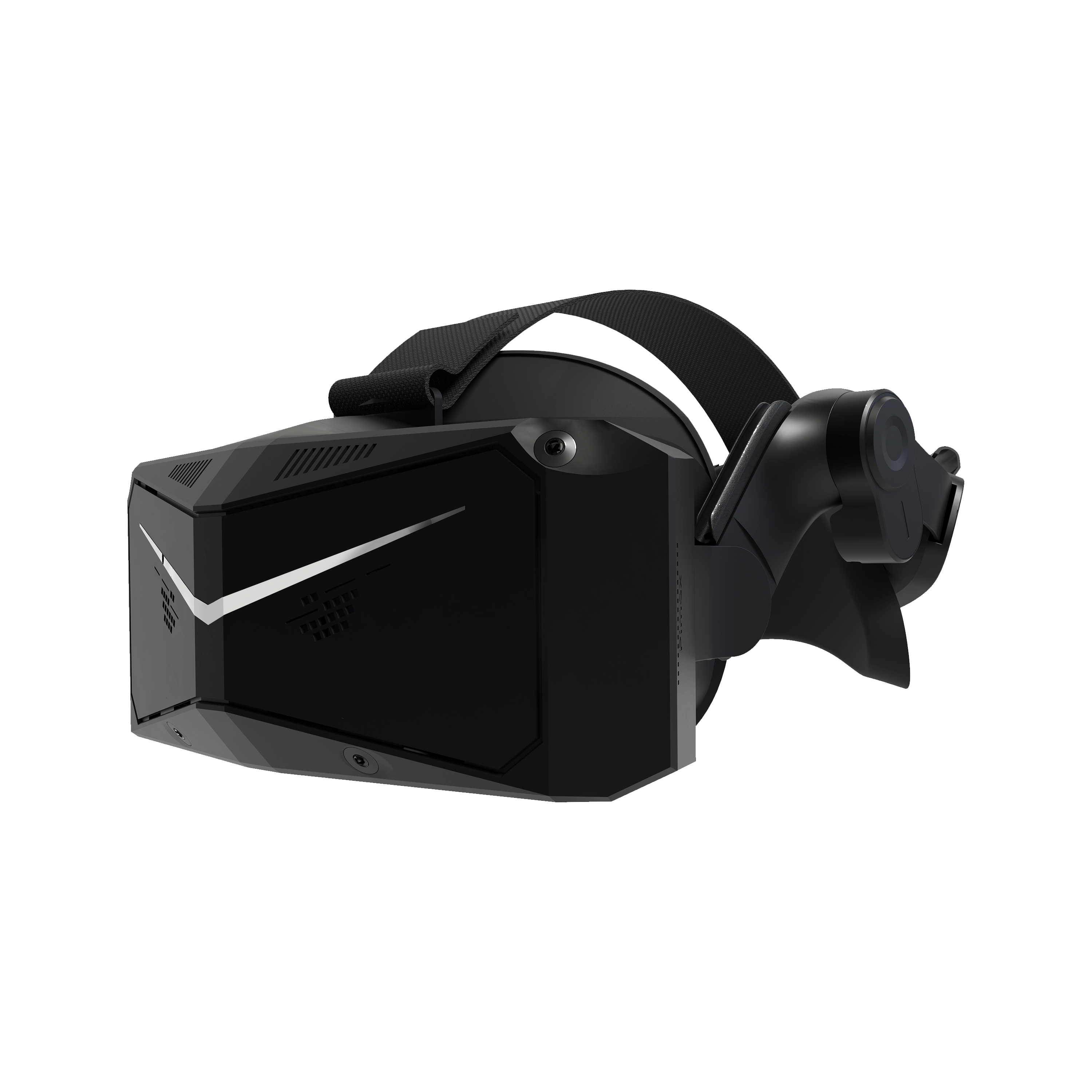 Gafas VR negras con correa negra, vista lateral.
