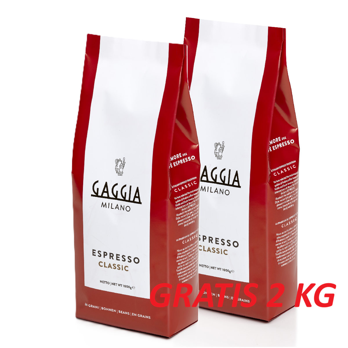 Twee rode en witte koffiezakken met de labels "Gaggia Milano" en "Aggi Milano".