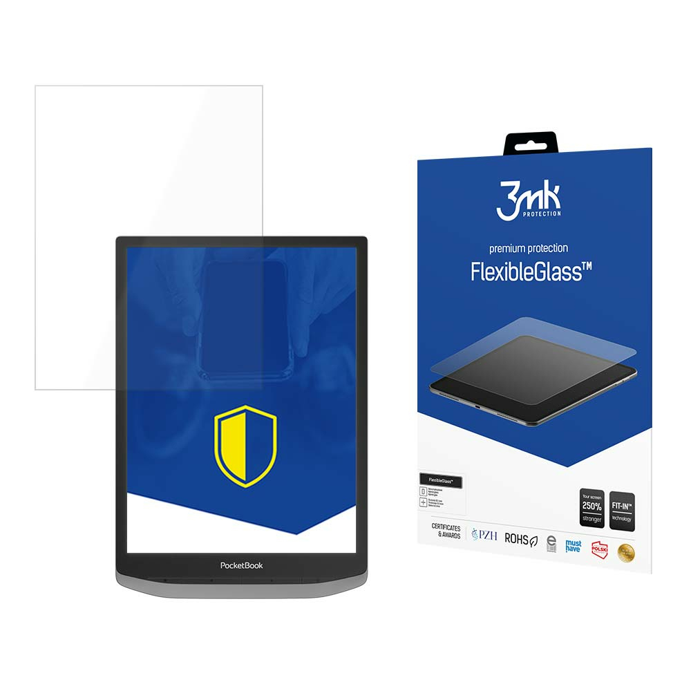 Un e-reader PocketBook con pellicola protettiva e confezione 3mk FlexibleGlass.