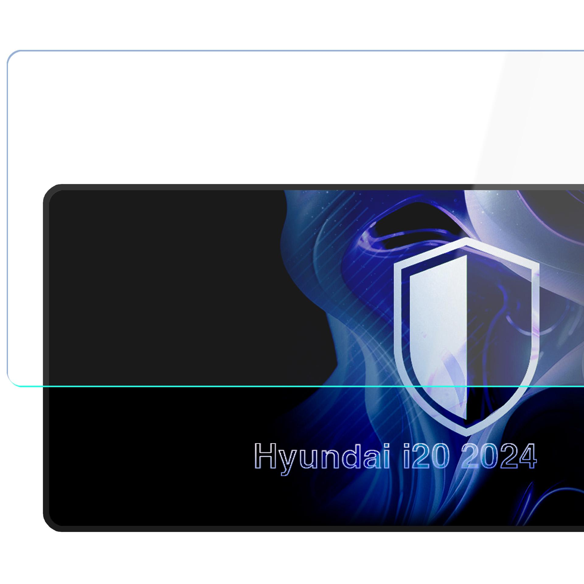 Logo tarczy i napis 'Hyundai i20 2024' na niebieskim abstrakcyjnym tle.