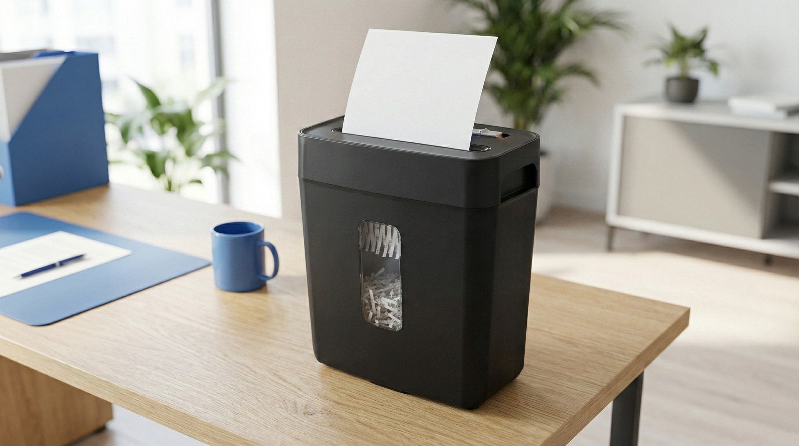 Niszczarka do papieru z papierem, niebieski kubek i folder na drewnianym biurku.