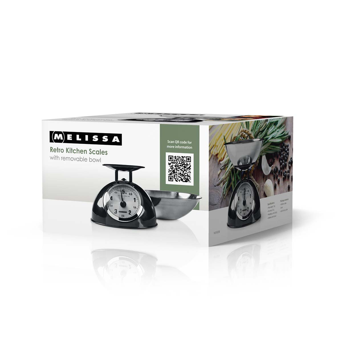 Czarna waga kuchenna retro z miską stalową, pojemność 5kg.