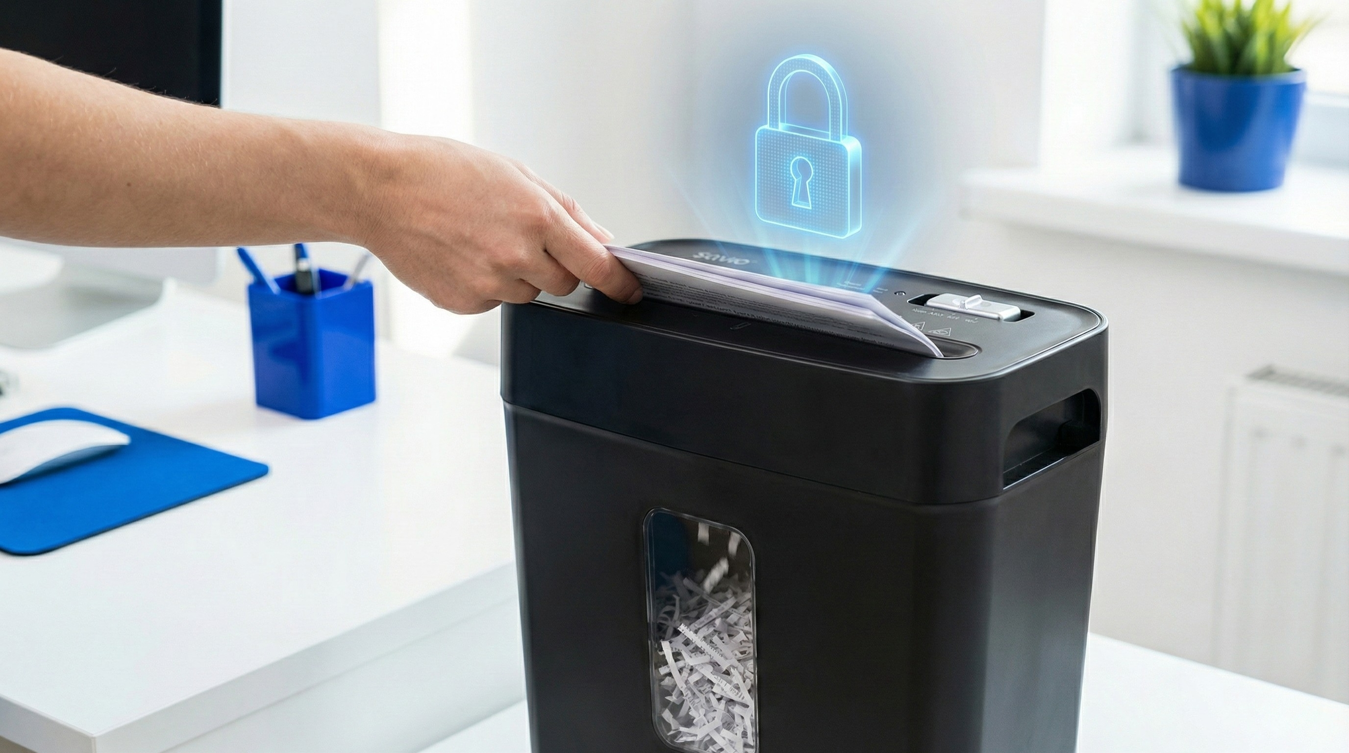 Ręka wkłada papier do niszczarki, nad którą unosi się symbol kłódki.