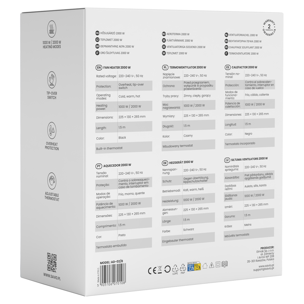 Urządzenie z trybami grzania, ochroną przed przegrzaniem, termostatem.