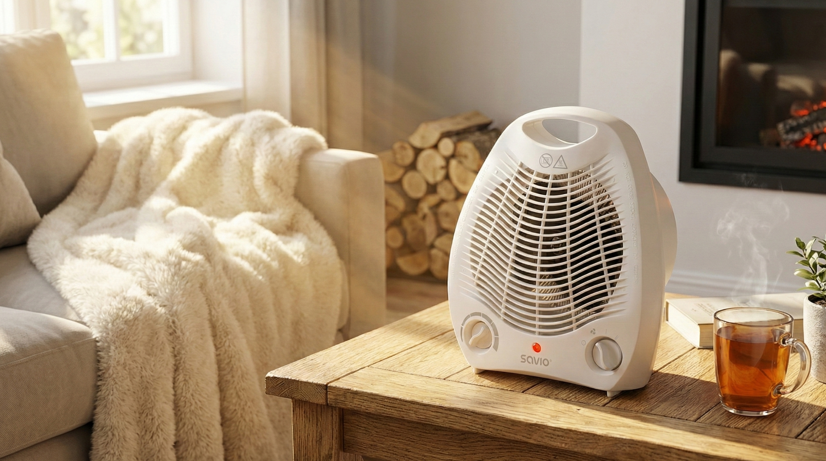 Biały grzejnik elektryczny stoi na drewnianym stole obok filiżanki herbaty.