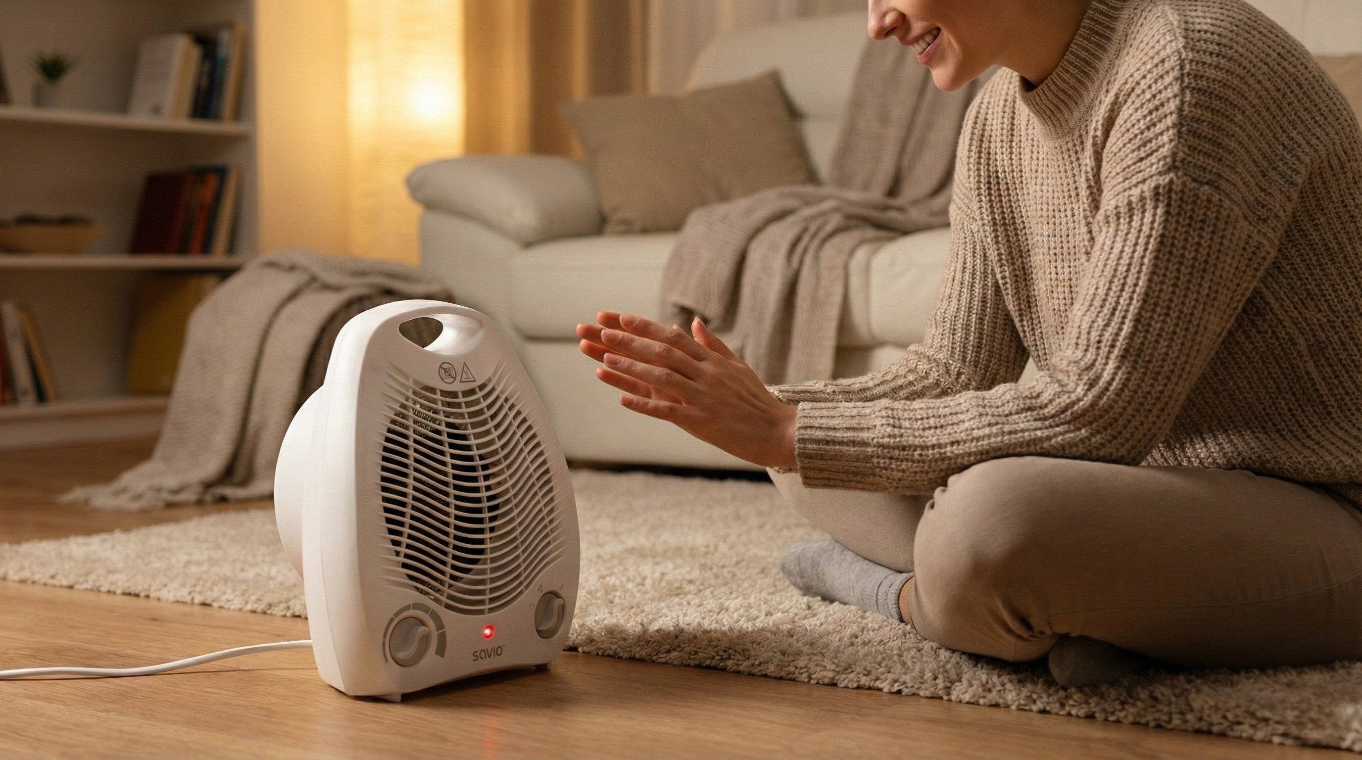 Osoba ogrzewa dłonie nad białym grzejnikiem wentylatorowym w przytulnym salonie.