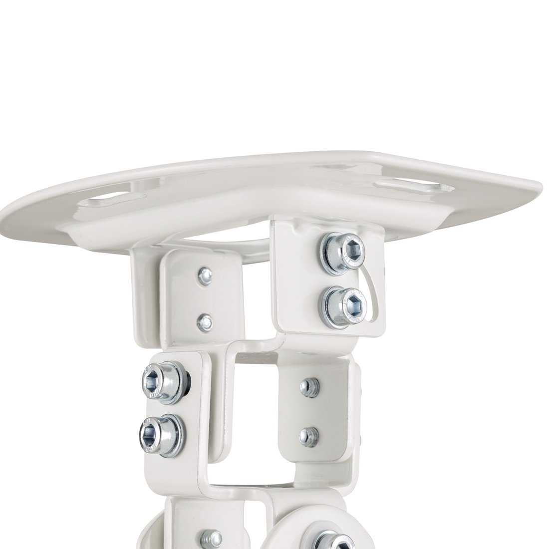 Biały uchwyt sufitowy ze śrubami, szczegółowy widok z bliska.