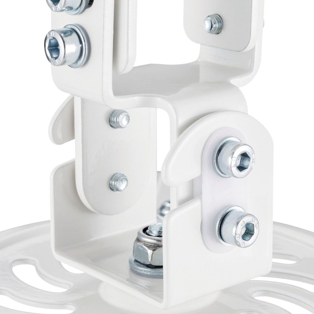 Biały uchwyt sufitowy ze śrubami i nakrętkami, zbliżenie.