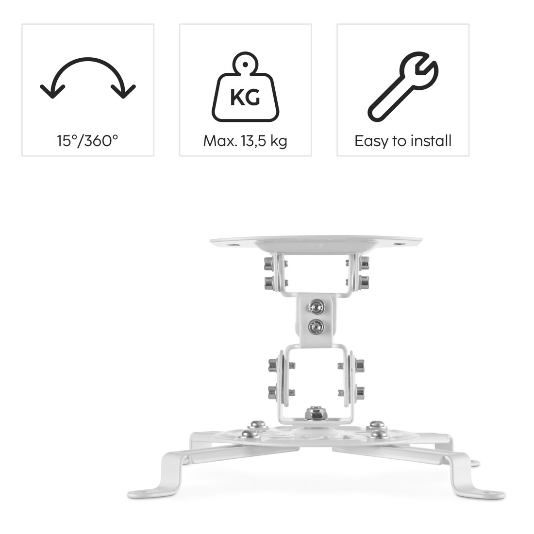 Biały uchwyt projektora, obrót 15°/360°, maks. 13,5 kg, łatwy montaż.