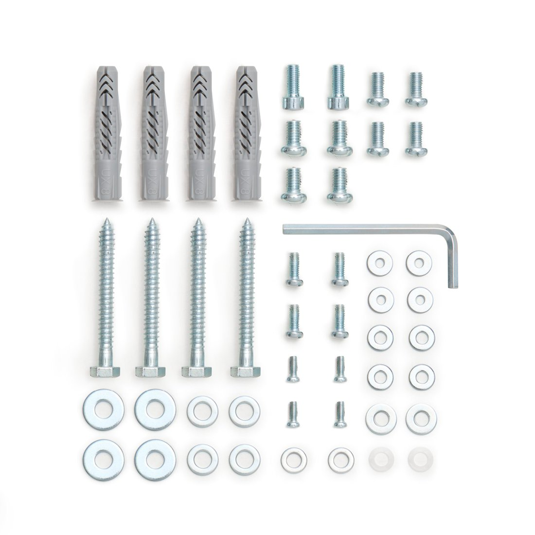 Szare kołki, śruby, podkładki i klucz imbusowy na białym tle.