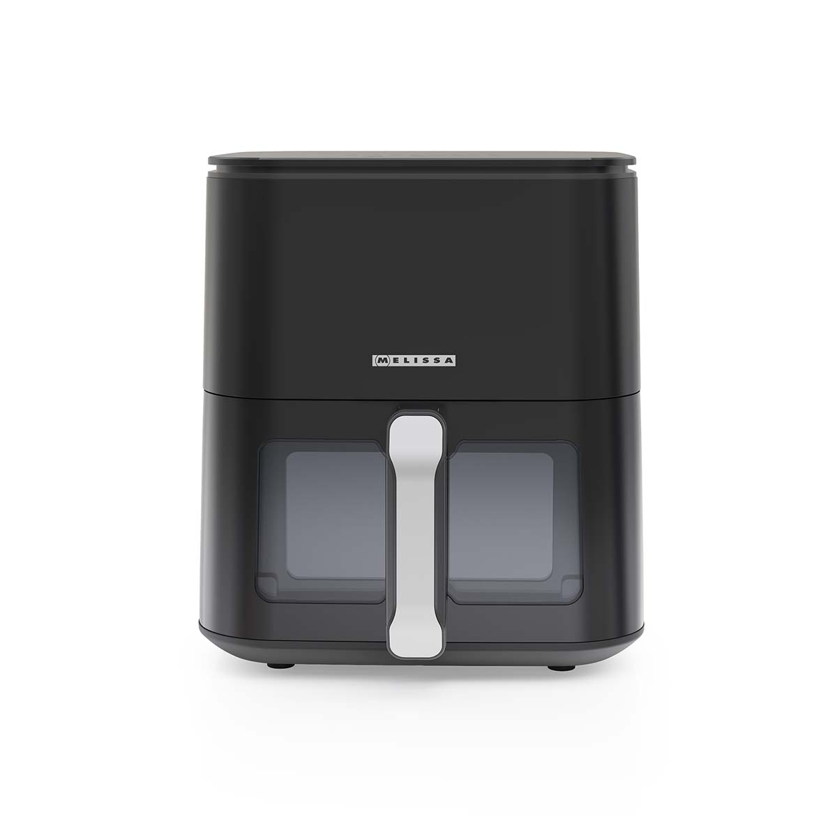 Czarna dwupoziomowa frytkownica beztłuszczowa z srebrnym uchwytem i przezroczystymi oknami.