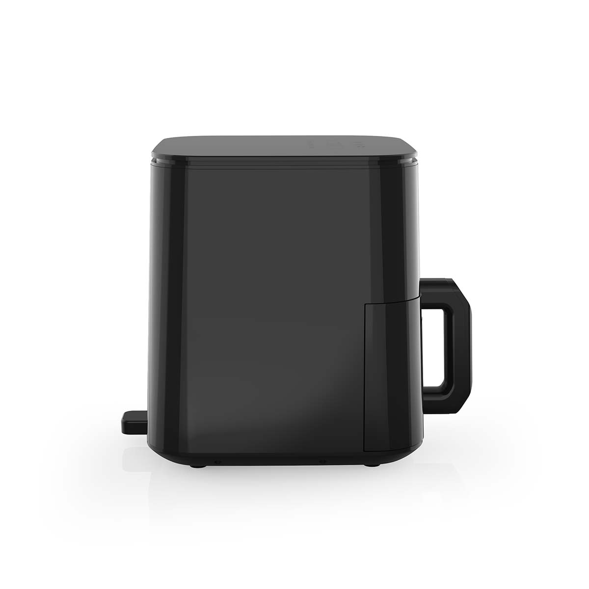 Czarna prostokątna frytkownica beztłuszczowa z rączką na białym tle.