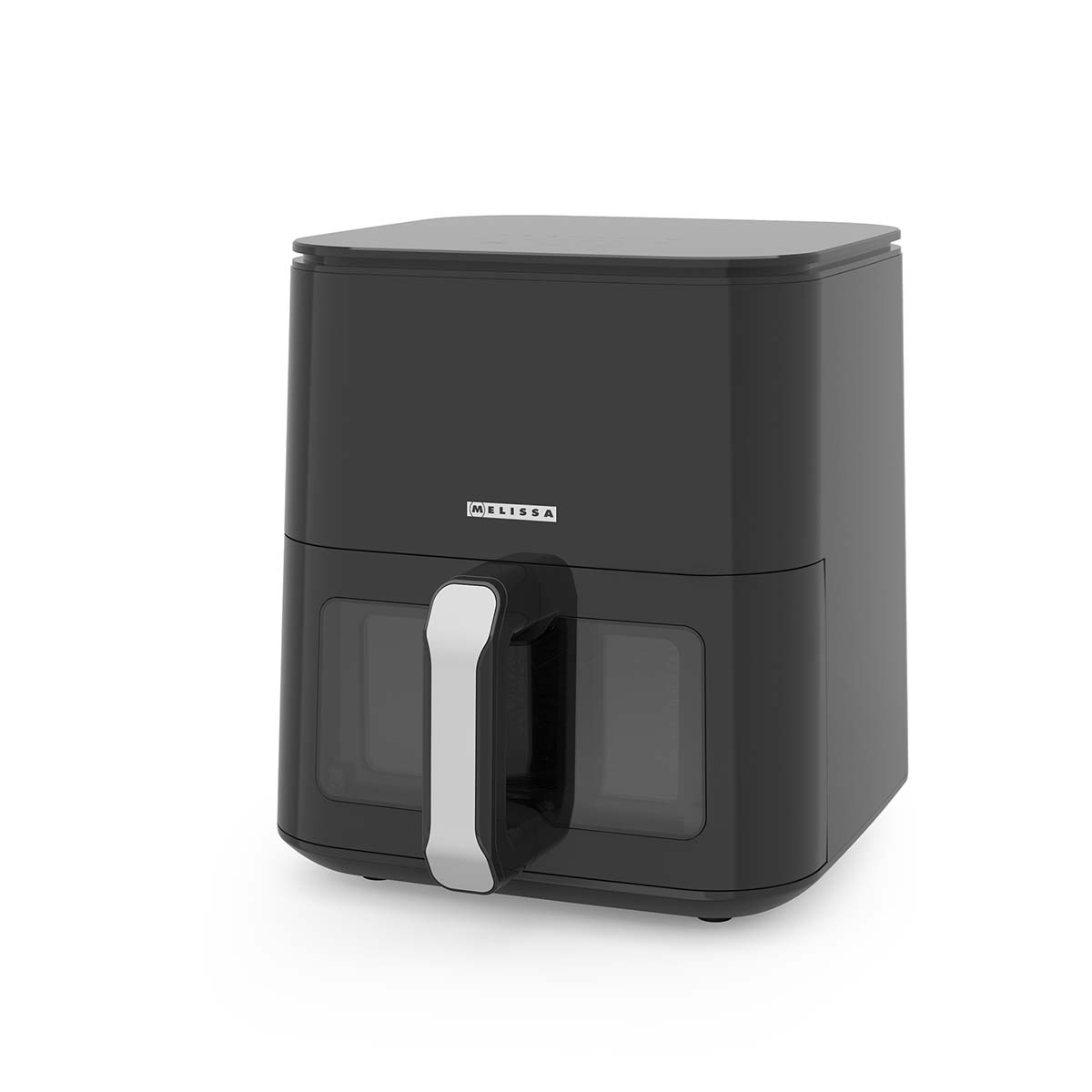 Czarna frytkownica beztłuszczowa z srebrnym uchwytem i dwoma okienkami.