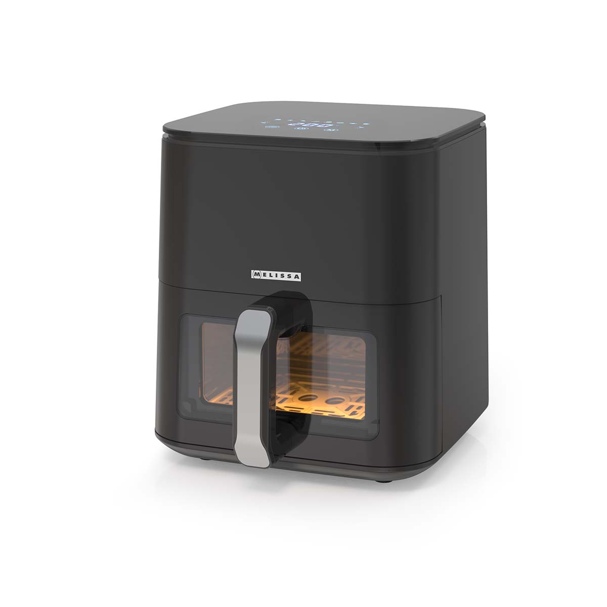 Czarna frytkownica powietrzna Melissa z okienkiem i srebrną rączką.
