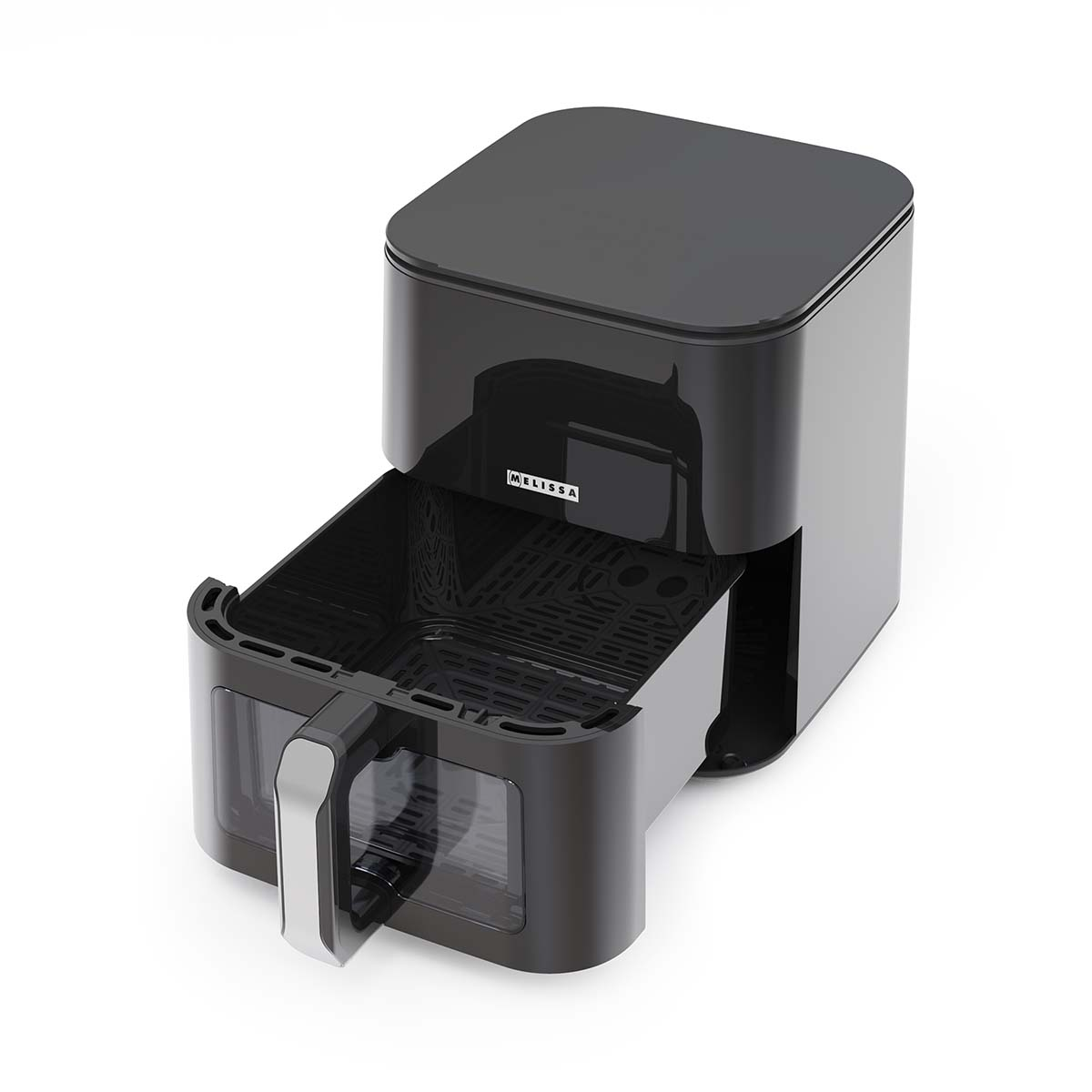 Czarna frytkownica beztłuszczowa z wysuniętą szufladą i srebrną rączką.