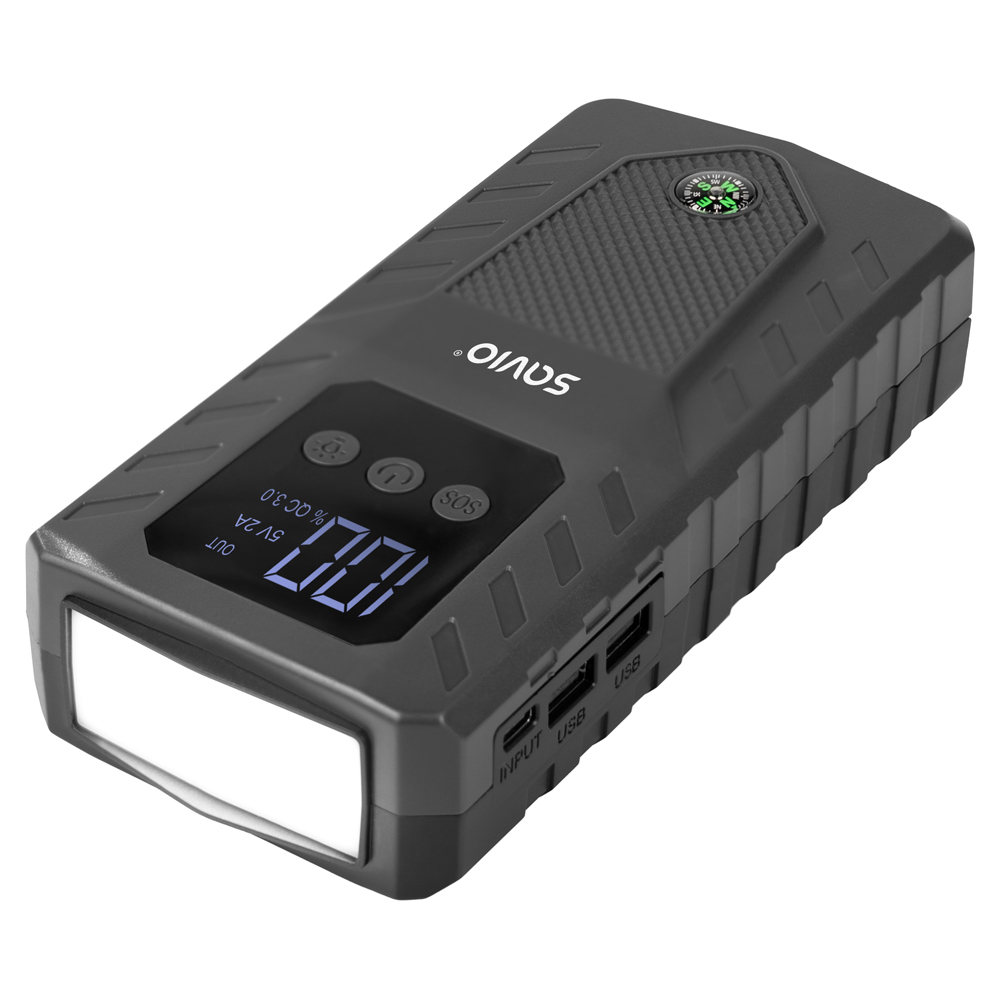 Szary rozrusznik awaryjny z wyświetlaczem, portami USB, kompasem i latarką.