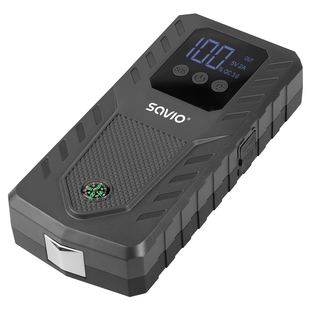 Czarny powerbank rozruchowy ze wskaźnikiem 100%. Wbudowany kompas.