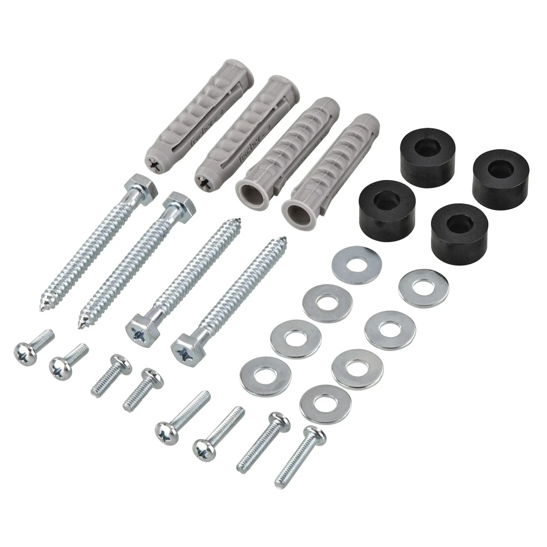 Szare kołki, śruby, podkładki i czarne przekładki na białym tle.