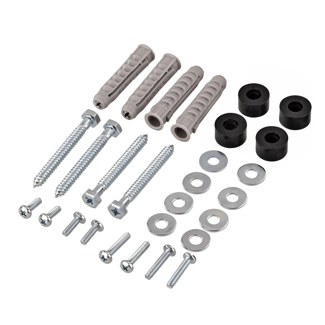 Szare kołki, śruby, podkładki i czarne przekładki na białym tle.