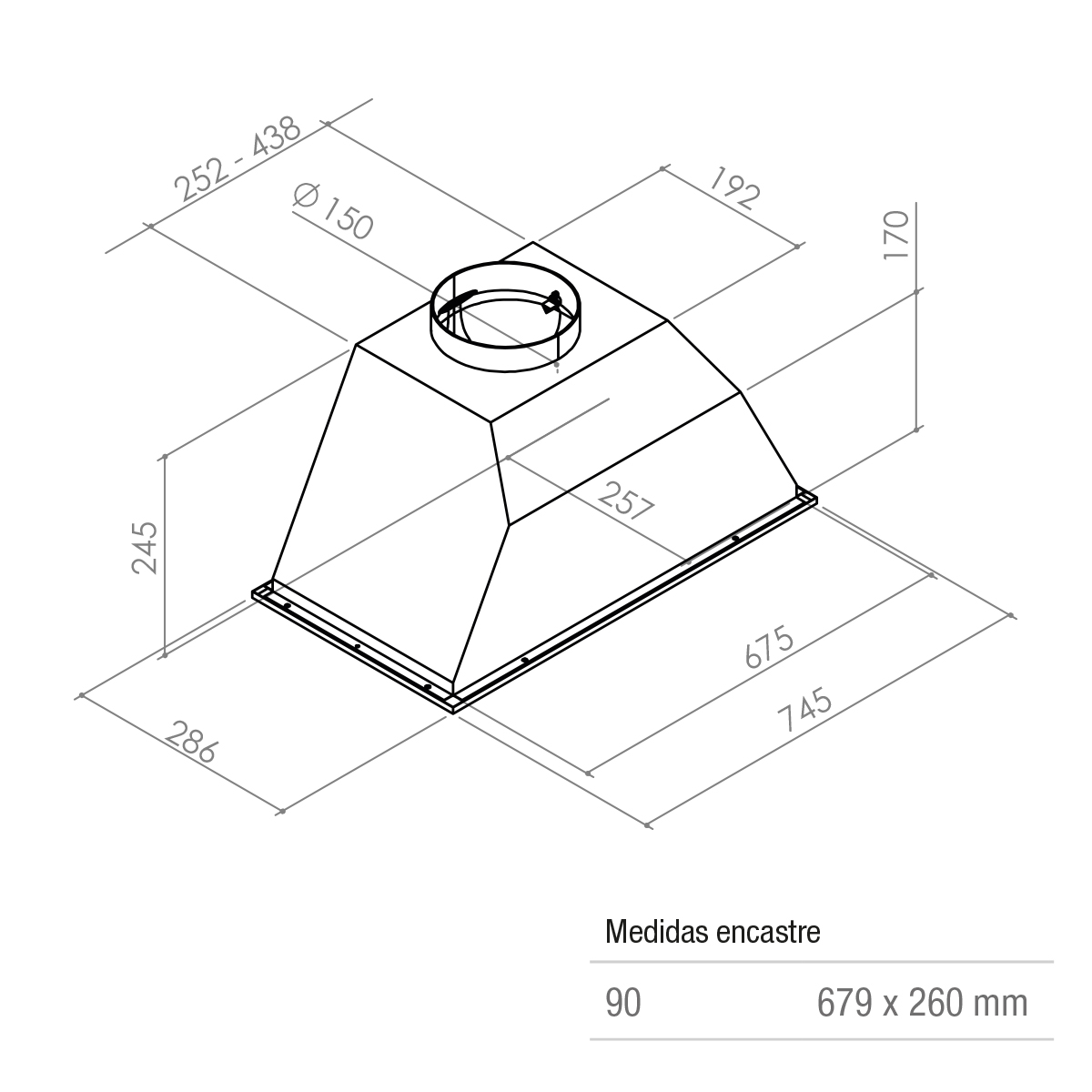 Dibujo técnico de una campana extractora con dimensiones.