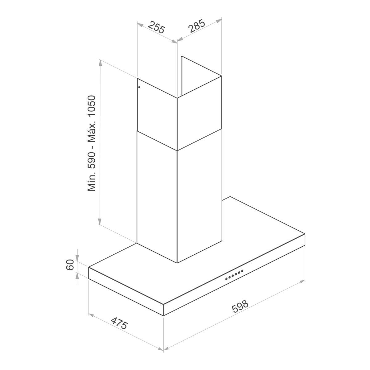 Dibujo técnico de una campana extractora con dimensiones y especificaciones.