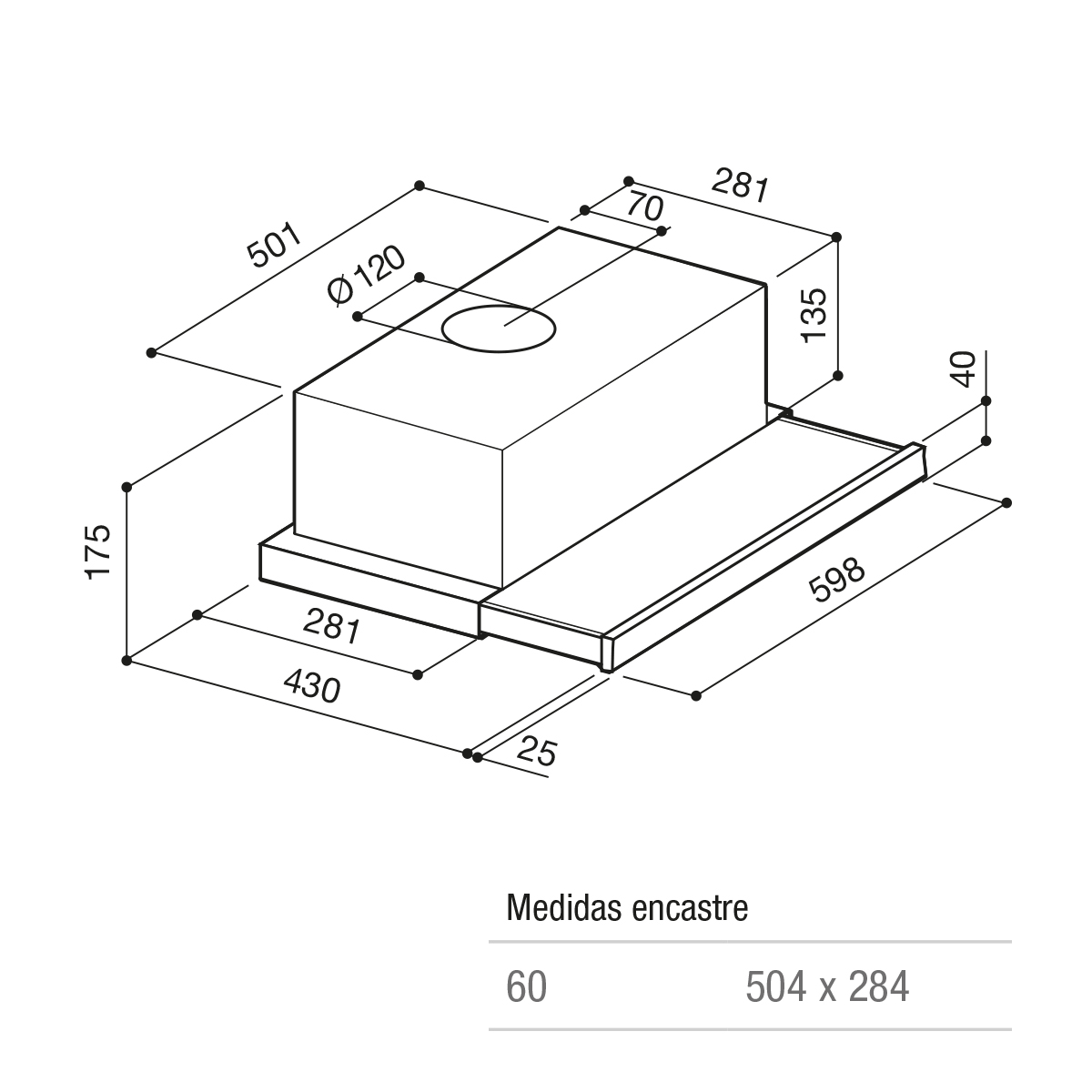 Dibujo técnico de una campana extractora con medidas.