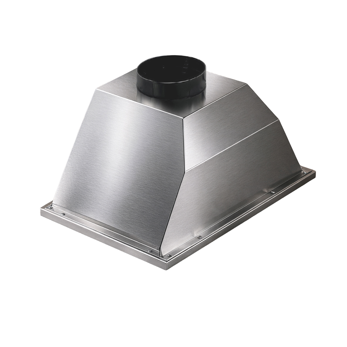 Campana extractora de acero inoxidable cepillado con tubo de ventilación negro.