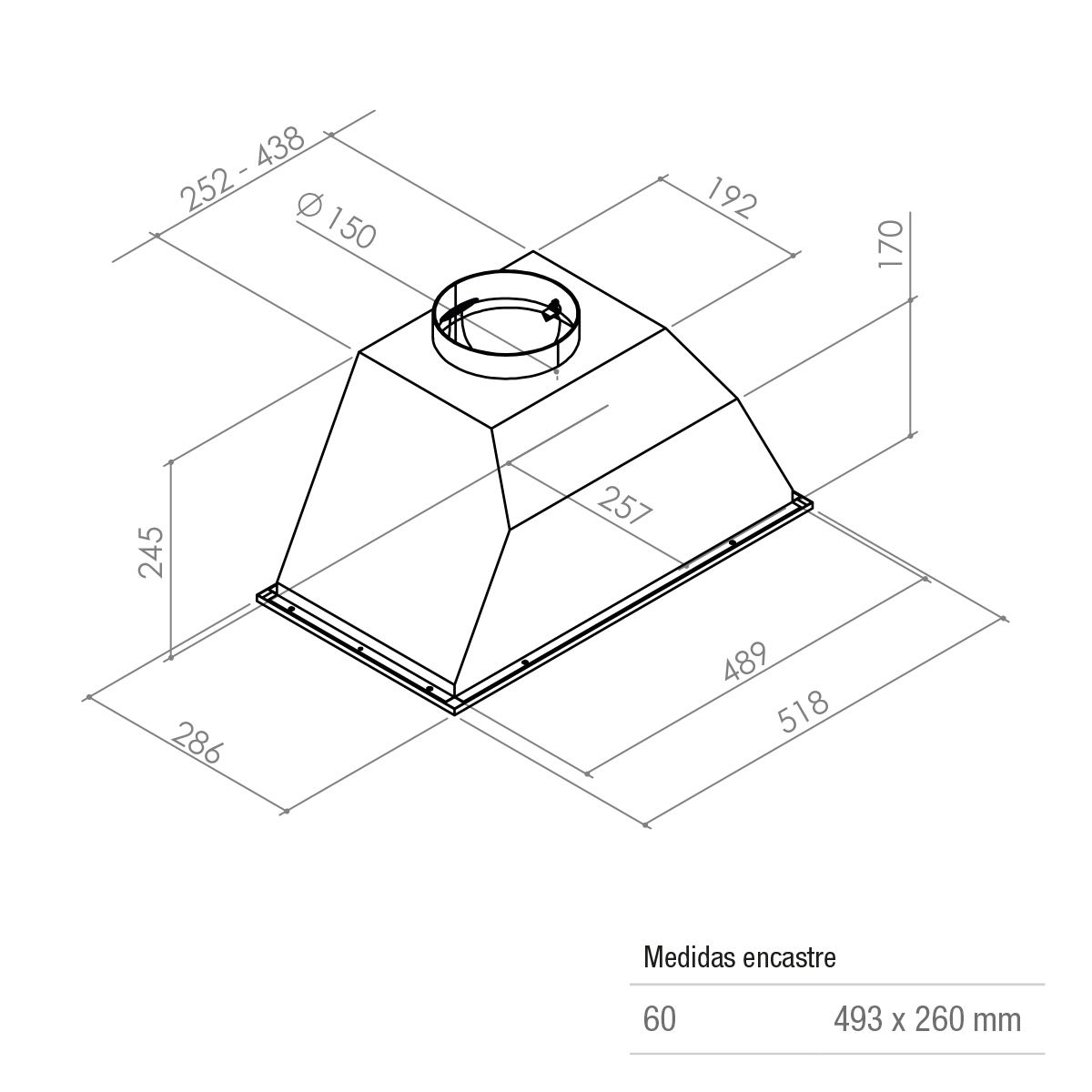 Dibujo técnico de una campana extractora con dimensiones.