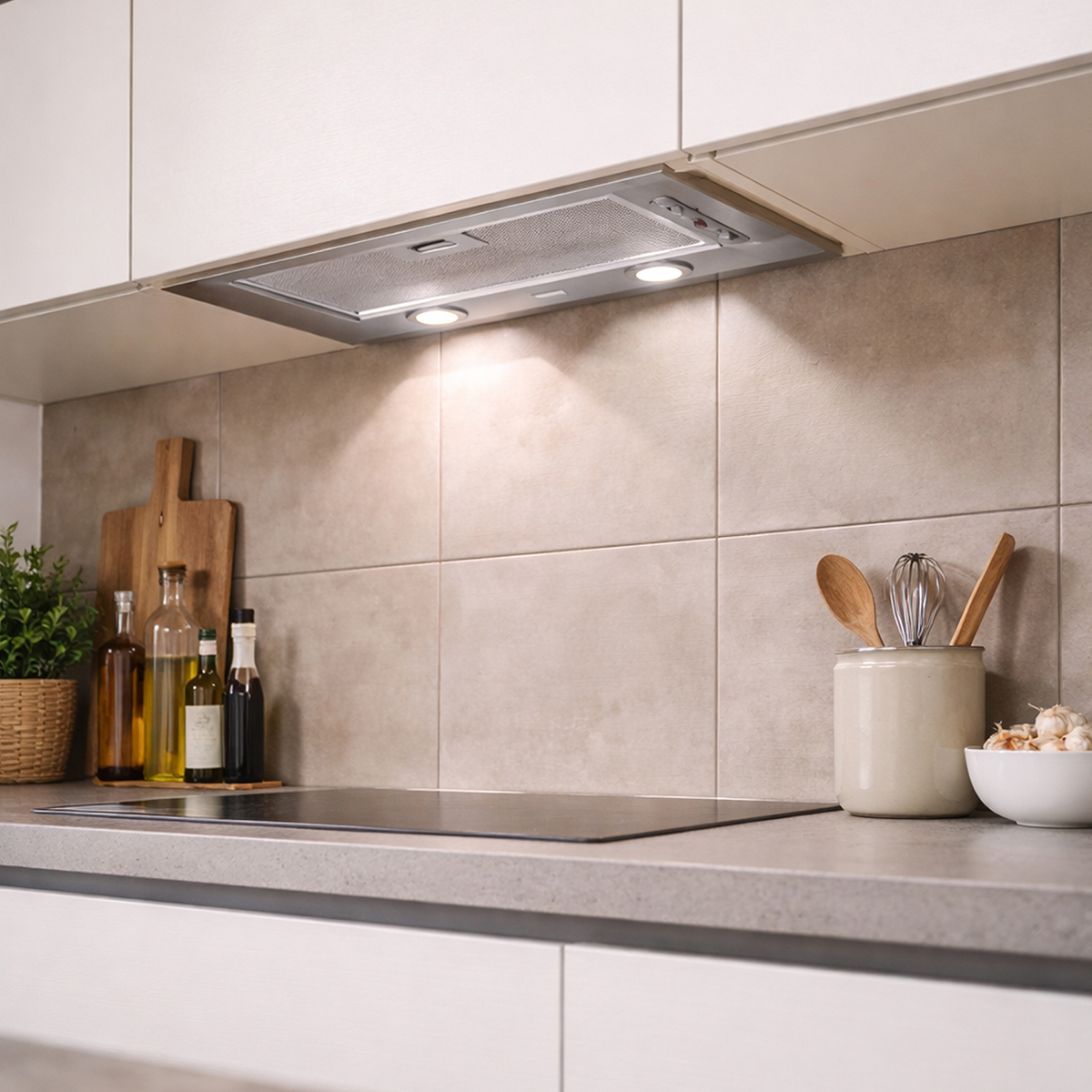 Una campana extractora sobre una placa de cocina con salpicadero de azulejos, botellas de aceite, cucharas de madera y ajo.