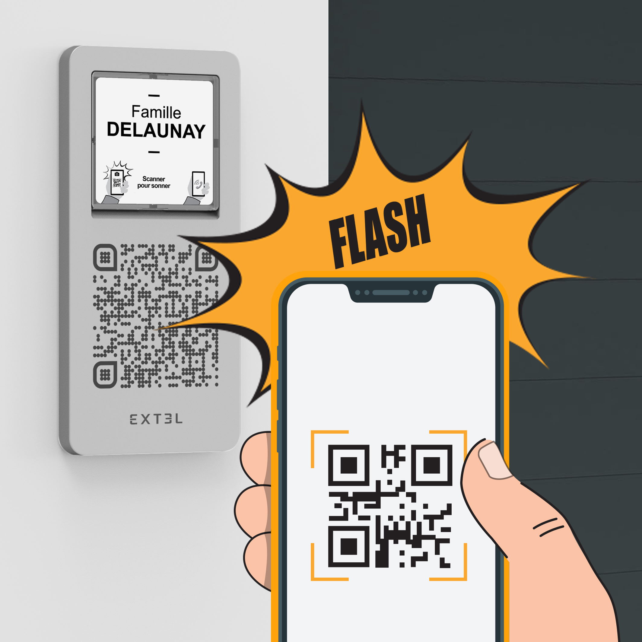 Un smartphone escanea un código QR de un timbre etiquetado DELAUNAY.