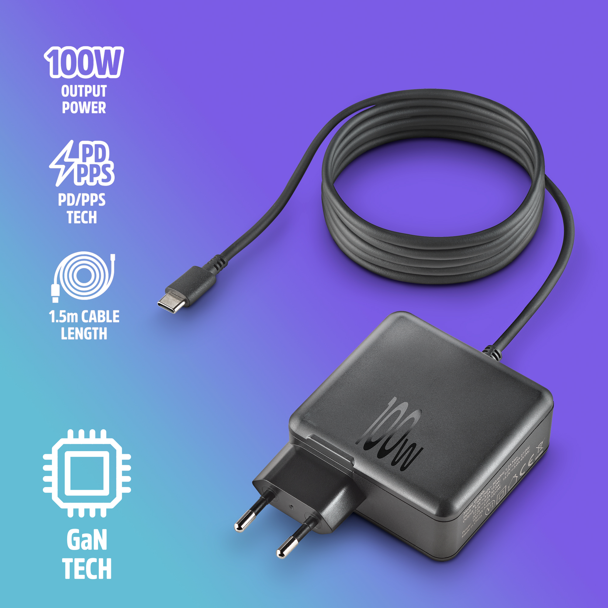 Adaptador de corriente negro de 100W con cable USB-C y enchufe UE.