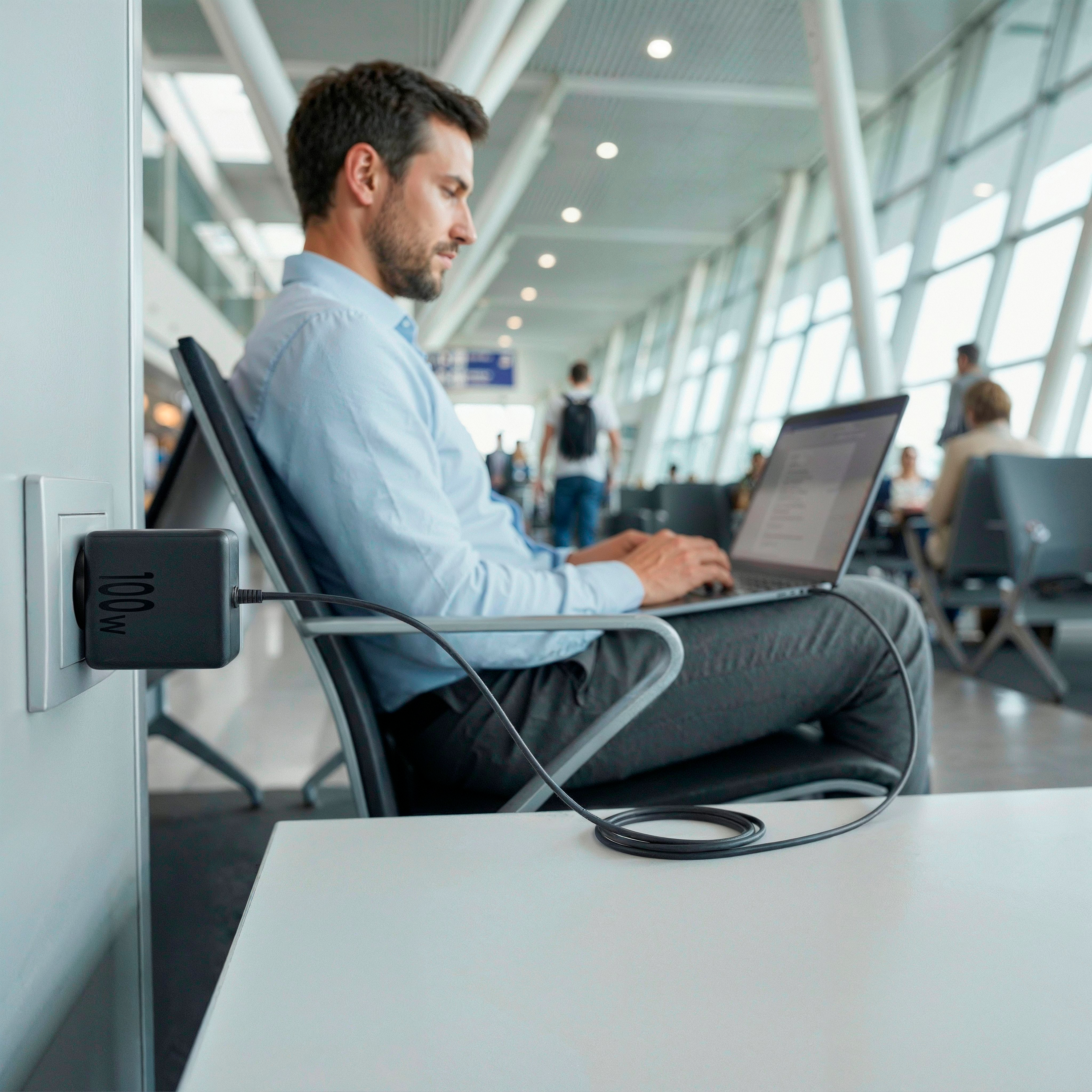 Hombre en aeropuerto cargando portátil con adaptador 100W.
