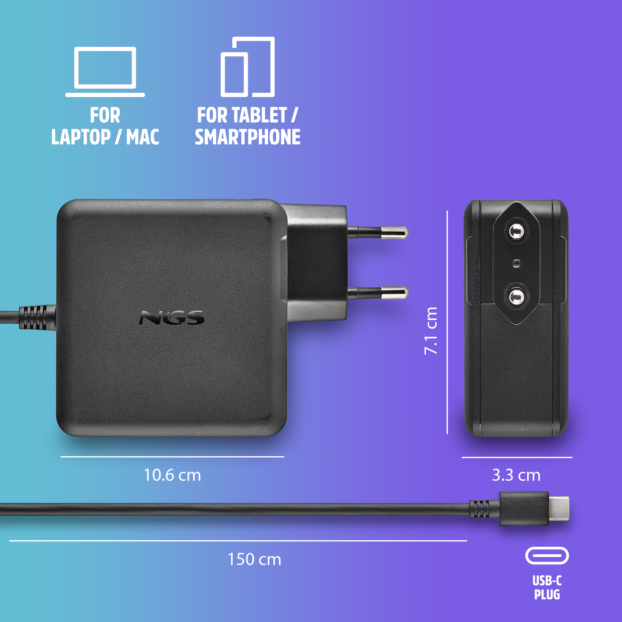 Cargador NGS negro con cable USB-C, medidas 10.6x7.1x3.3cm, longitud cable 150cm.