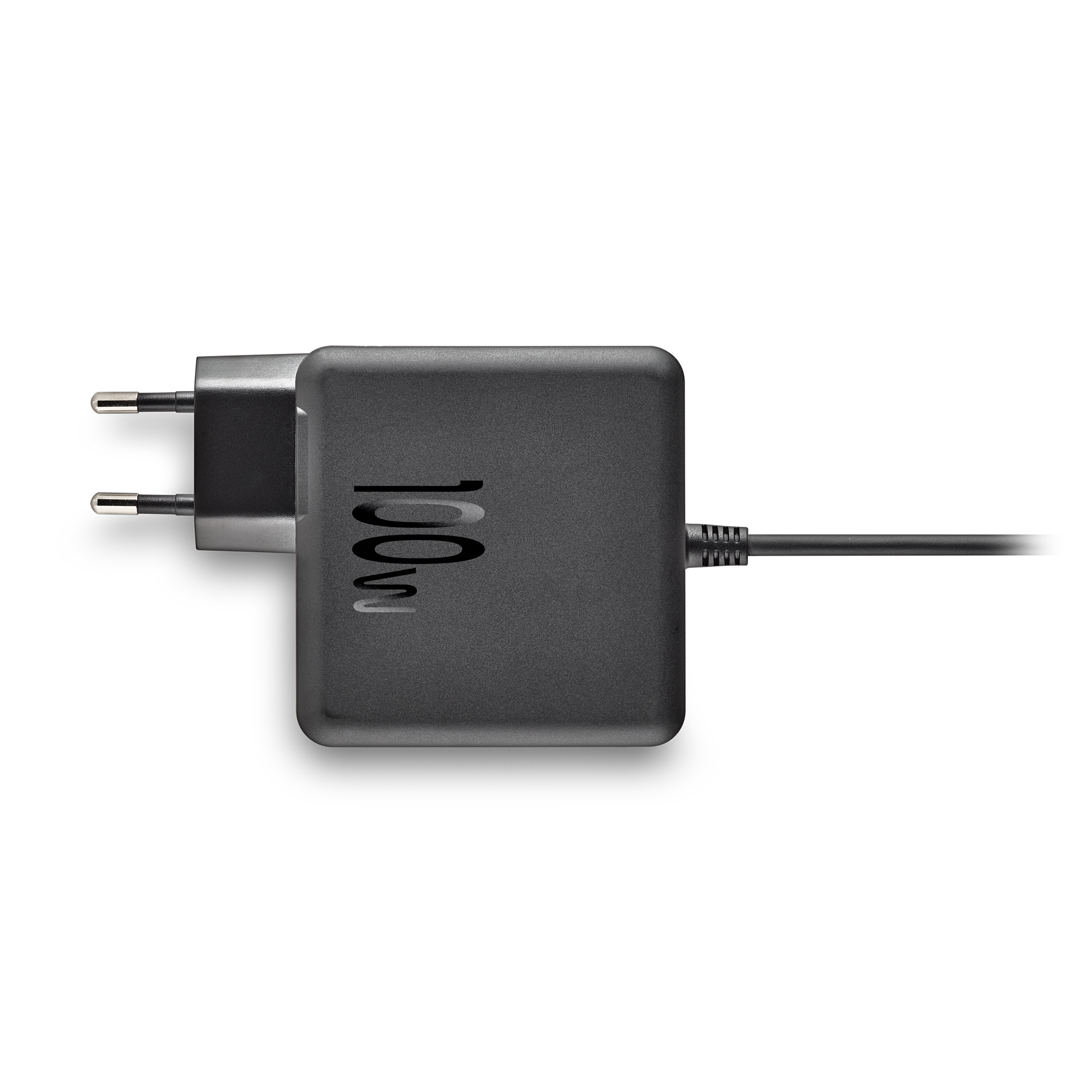 Un adaptador de corriente negro con la inscripción de 100W y dos pines de enchufe UE.