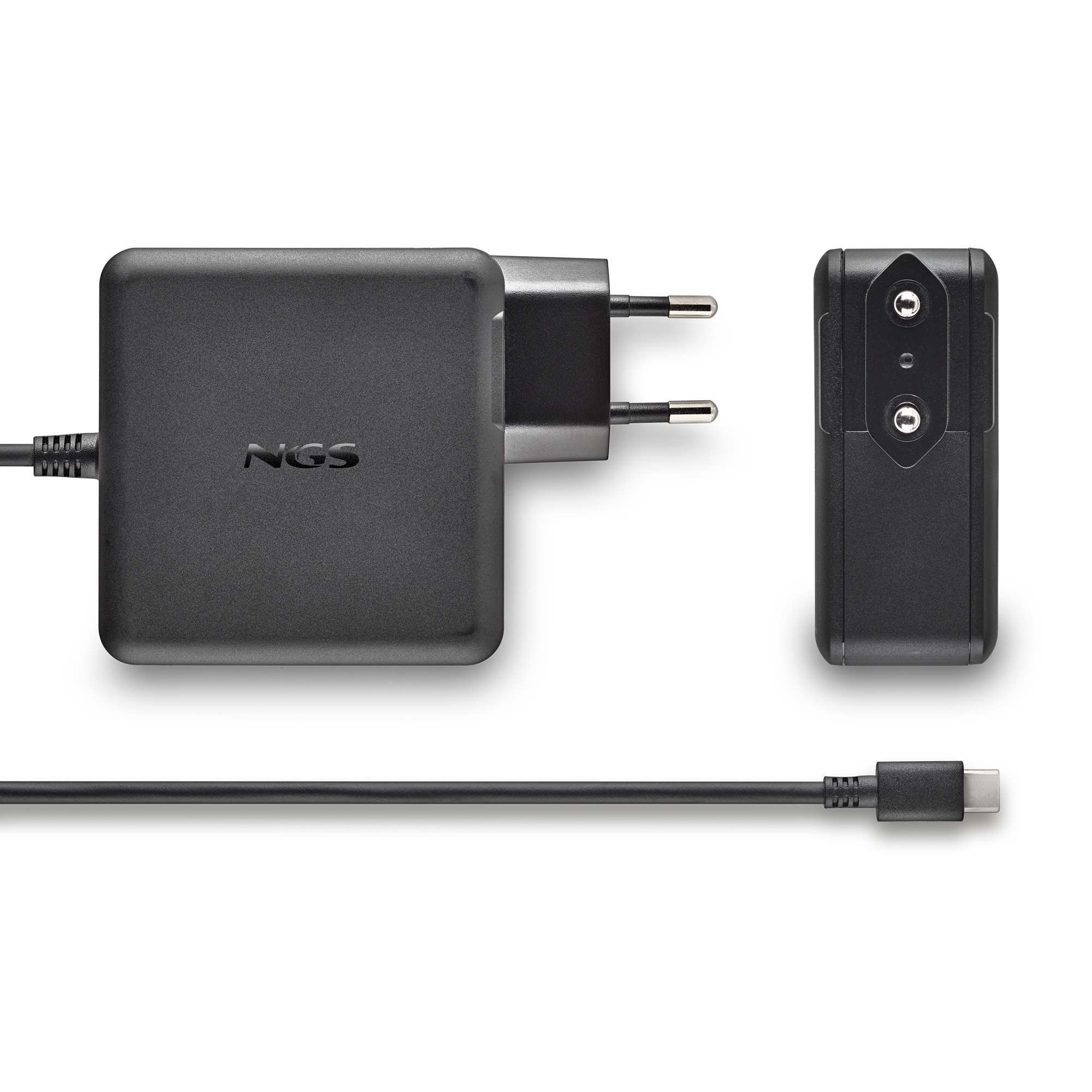 Adaptador de corriente negro con cable y conector USB-C.