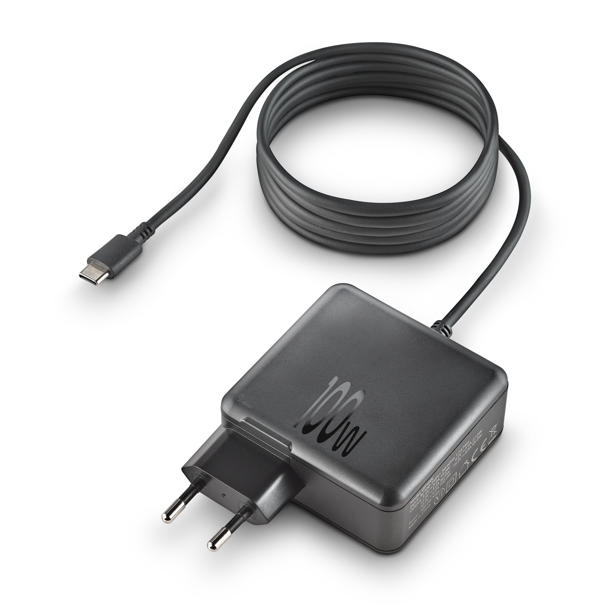 Un cargador USB-C negro de 100W con enchufe europeo y cable enrollado.