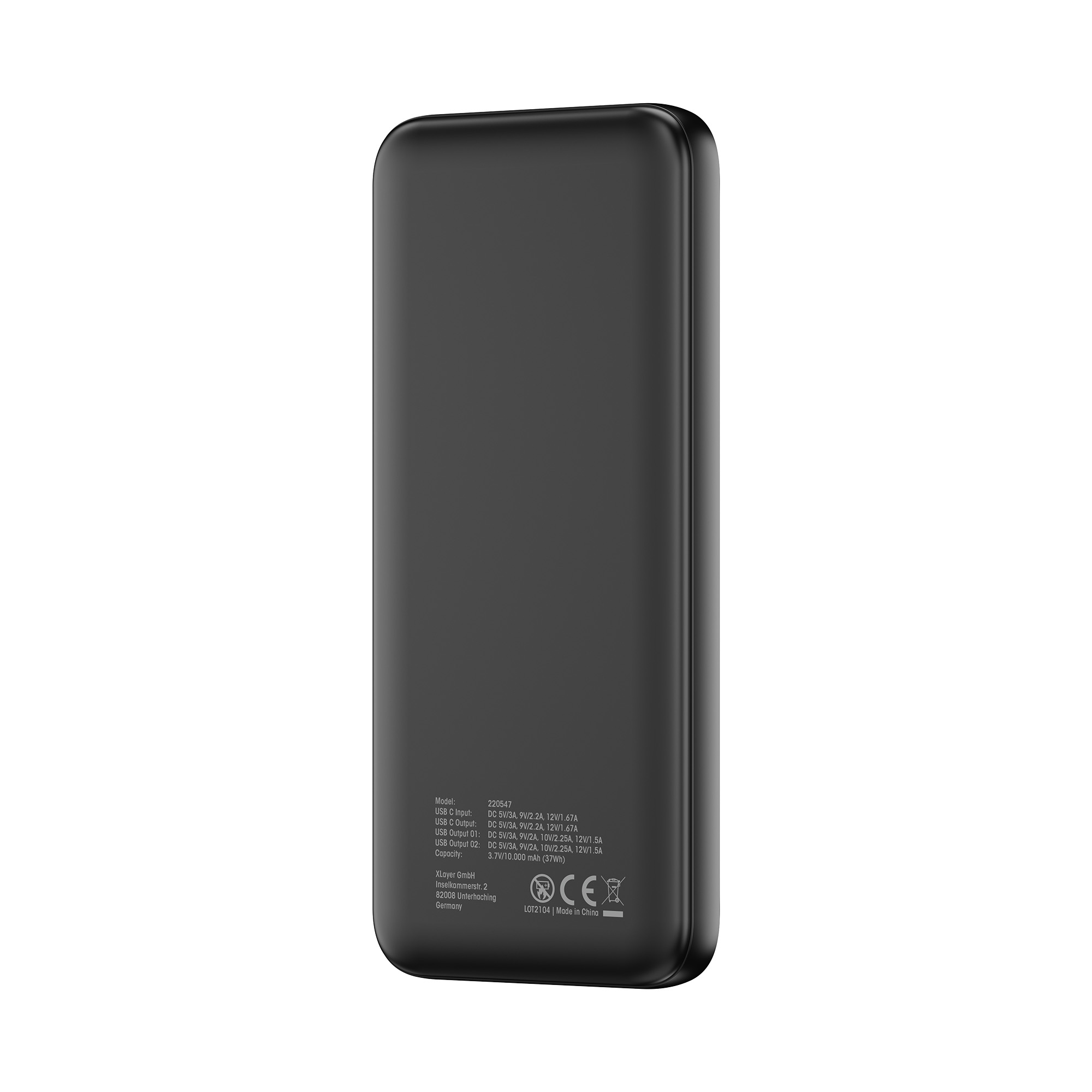 Schwarzes Powerbank-Modell 220547 mit technischen Daten und CE-Zeichen.