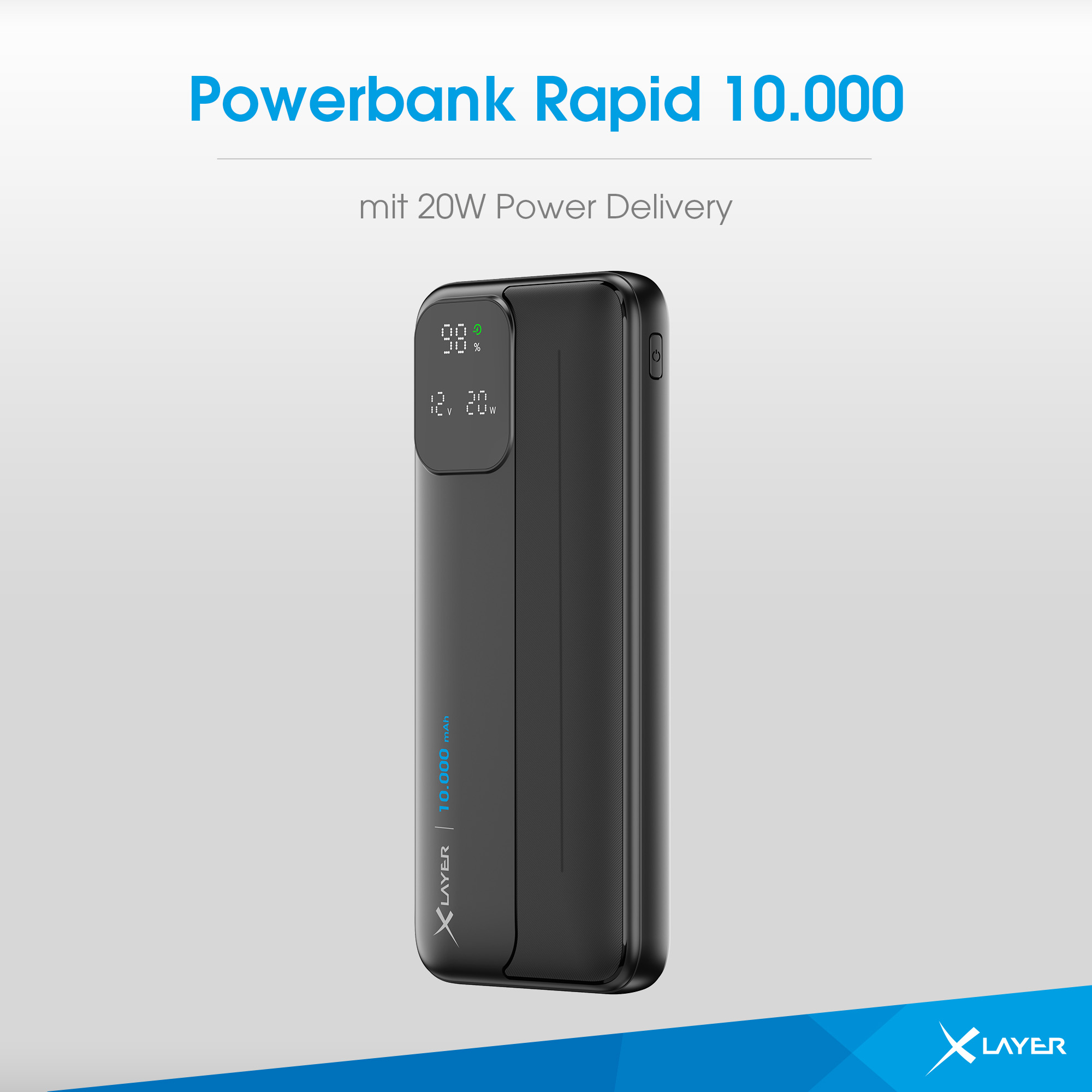 Schwarze Powerbank mit digitaler Anzeige für Akkuladung und Leistung.